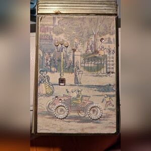 Rare Vintage Desk Note Pad Metal Holder Cover Street Scenery Pearls Rhinestones